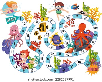 Simple board game for children underwater template illustration
