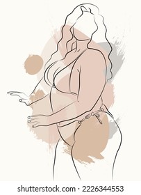 Un simple afiche elegante con cuerpo positivo. Hermosa ilustración de la línea de un cuerpo femenino seductor. Figura femenina lineal minimalista. Resumen desnudo de arte sensual lineal.