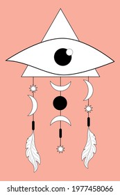 Simple Boho Abstract Eye with Feathers Moons Stars in Minimal Linear Style Astrological Mystical Sacred Talismans