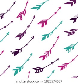 Sencillas flechas de boho graban un adorno sin fisuras. Diseño de navajo étnico. Motivo indígena indio. Ilustración de las flechas del doodle. Patrón de papel pintado en la habitación de los niños. Objetos de tiro con arco.
