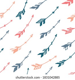 Simple boho arrows graphic seamless ornament. Ethnic rustic design. Tribal indian motive. Boho arrows isolated. Kids room wallpaper pattern. Hunting symbols.