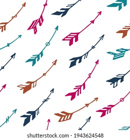 Simple boho arrows graphic seamless pattern. Ethnic apache design. Indigenous american motif. Doodle arrows illustration. Boys room wallpaper pattern. Archery objects.