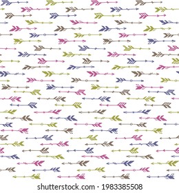 Simple boho arrows graphic seamless ornament. Ethnic scandinavian design. Indigenous indian theme. Doodle arrows isolated. Boys room wallpaper pattern. Hunting symbols.