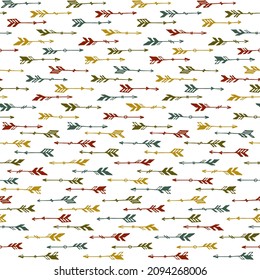 Simple boho arrows graphic seamless pattern. Ethnic rustic design. Indigenous indian motive. Valentine arrows illustration. Kids room wallpaper pattern. Weapon objects.