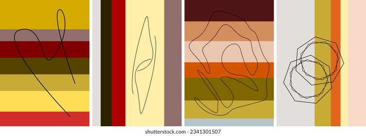 Simple Boho art design. Colored design for wallpapers, posters, banners, prints or covers. Lines, colors, simple geometric shapes. Set of flat vector illustrations. 