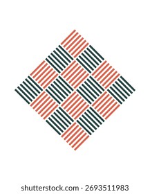 Simple boho geometric pattern vector with diagonal square design in coral and dark green stripes. Minimalist ethnic-inspired abstract background for modern decor, textile, or digital design projects.