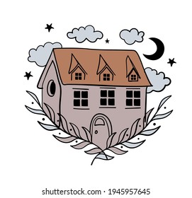 Simple boho illustration, home sweet home, welcome. House icon with clouds in a frame of plant branches. Color flat illustration isolated on white background. Vintage design.
