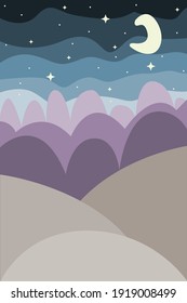 Simple Boho Landscape scene. Minimalist mountain desert at night for t shirt print, nursery wall decor, travel agency flyer, postcard, label etc. Color Cartoon flat Vector illustration in purple tones