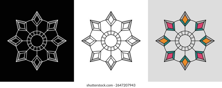 Mandala boho simples com linhas retas e paleta de cores brilhantes para decoração eclética.