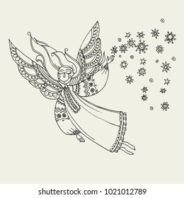 Simple boho style angels fo coloring. hand drawn stock vector illustration. Magic fairy tale decorative design element for Easter, Christmas projects. 
