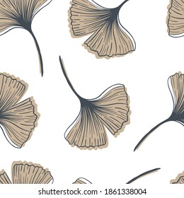 A simple boho-style pattern with a Ginkgo biloba plant. The delicate neutral colors of the background.