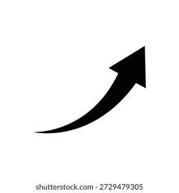 A simple, bold black arrow is depicted against a clean white background. The arrow begins with a long, gracefully curved tail that sweeps upwards from the bottom left corner of the frame. As it ascends, the tail gradually narrows and transforms into the shaft of the arrow, which then terminates in a sharp, defined arrowhead pointing directly towards the upper right direction. The overall impression is one of upward momentum, progress, and positive direction.