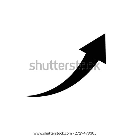 A simple, bold black arrow is depicted against a clean white background. The arrow begins with a long, gracefully curved tail that sweeps upwards from the bottom left corner of the frame. As it ascends, the tail gradually narrows and transforms into the shaft of the arrow, which then terminates in a sharp, defined arrowhead pointing directly towards the upper right direction. The overall impression is one of upward momentum, progress, and positive direction.