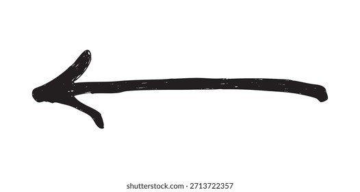 Una flecha negra simple y en negrita dibujada con un pincel o marcador áspero, que indica la dirección izquierda. Ideal para navegación, Botones traseros o para enfatizar texto.
