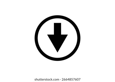 Una flecha negra simple y audaz que apunta hacia abajo dentro de un contorno ovalado negro sobre un fondo blanco limpio. Este gráfico representa la dirección, el descenso o un llamado a la acción.