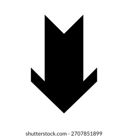 A simple, bold black arrow pointing downwards, isolated on a clean white background. Represents direction, decrease, or a call to action.