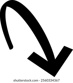 Simple, bold, black curved arrow pointing down on a white background, suitable for various design purposes, conveying direction, descent, or downward movement