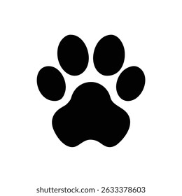 A simple, bold black dog paw print graphic, isolated on white background. Classic pet symbol, ideal for logos or design.