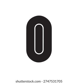 A simple, bold black icon of the number zero or letter O. This minimalist glyph features rounded corners and is isolated on a clean white background.