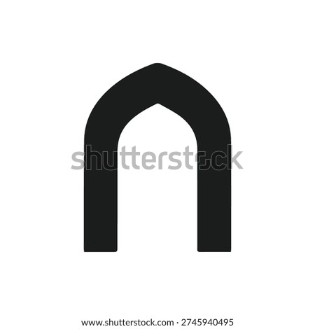 A simple, bold black icon of a pointed arch, typical of Islamic or Gothic architecture. This clean vector graphic symbolizes a gate, window, or entrance.