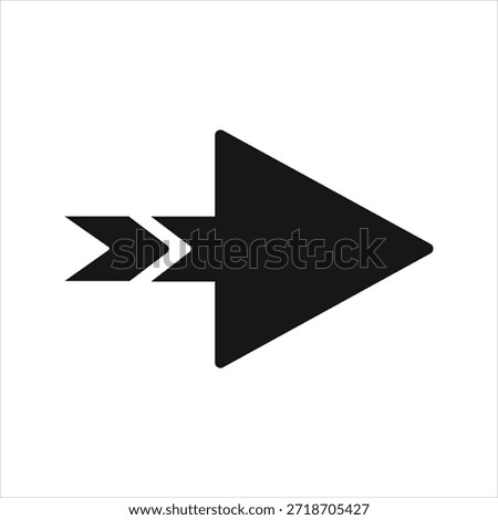 A simple, bold black icon representing a right-pointing arrow composed of a main triangle shape and a preceding double chevron detail, perfectly isolated on a pure white background for easy use in dig