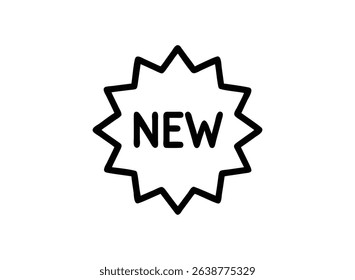 A simple, bold, black line art illustration of a starburst badge with the word 'NEW' inside. Perfect for indicating new products, sales, or announcements.