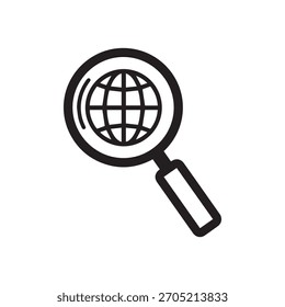 Un ícono de arte de línea negra simple y audaz que representa una lupa enfocada en un globo con un patrón de cuadrícula, que simboliza la búsqueda global, la exploración de Internet o el descubrimiento mundial.