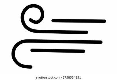 A simple, bold black line art illustration depicting a stylized wind icon with swirling and horizontal lines, symbolizing movement of air or a gentle breeze.