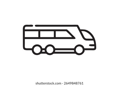 A simple, bold black line drawing of a minibus or shuttle van, depicted in profile. This clean graphic is isolated on a pure white background, making it ideal for various design applications.