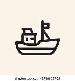 A simple and bold black line icon of a fishing boat or trawler. This minimalist vector graphic is perfect for nautical and maritime themes.