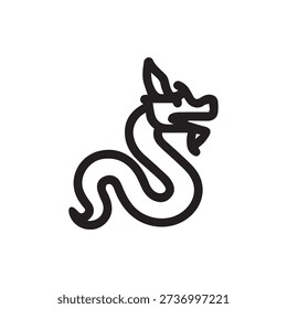 A simple, bold black line icon of a stylized Asian dragon or serpent on a white background. Modern, minimalist vector graphic for logos or symbols.