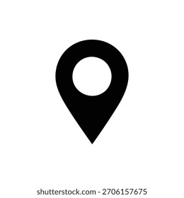 Icono de un pin de ubicación simple, en negrita y negro con un círculo central blanco, perfecto para la navegación, el mapeo y señalar puntos específicos en un gráfico o interfaz.