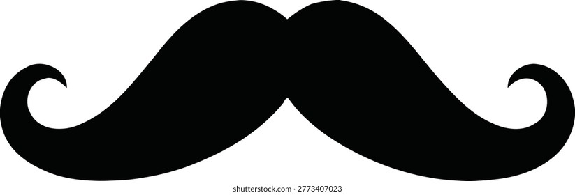 A simple, bold black mustache silhouette with curled ends, presented against a clean white backdrop.