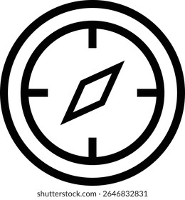A simple, bold black outline of a compass on a white background. It features a circular casing with cardinal direction markers and a diamond-shaped needle.