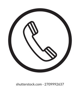 Um desenho simples, em negrito, em contorno preto de um aparelho telefônico clássico, frequentemente usado para representar as funções de comunicação, contato ou chamada, perfeitamente centralizado dentro de uma borda circular espessa.