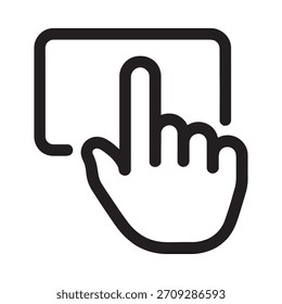 Icono de contorno negro simple y audaz que representa una mano humana con un dedo que apunta tocando un área rectangular.