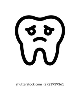 Um ícone simples e arrojado em forma de contorno preto que representa um dente molar com uma expressão triste e franzida, simbolizando problema dentário, cárie ou problema de saúde bucal, perfeito para gráficos médicos.