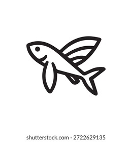 Icono de contorno negro simple y audaz de un pez volador, ideal para temas marinos, ilustraciones de vida acuática y diseños relacionados con el agua.