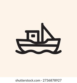 A simple, bold black outline icon of a small fishing boat or tugboat floating on stylized waves. Minimalist vector illustration on a light background.