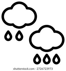 Un simple y audaz Vector de contorno negro que representa dos nubes superpuestas que arrojan gotas de lluvia, útil para pronósticos de Clima, aplicaciones móviles y diseño de interfaz de usuario para representar la precipitación o una condición climática lluviosa.