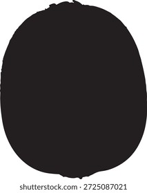 Una forma ovalada simple, atrevida, negra con un borde áspero y texturizado, sobre un fondo blanco. La forma es sólida y abstracta.