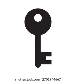 A simple, bold black silhouette of an antique skeleton key on a clean white background, representing access and security.