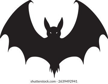 A simple, bold black silhouette of a bat with wings spread wide, ideal for Halloween decorations or designs.  The bat is centered against a white background.