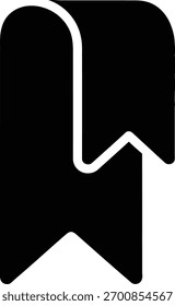 Eine schlichte, kräftige, schwarze Silhouette eines Lesezeichens oder eines Bandsymbols mit einem gekerbten Ende, einzeln auf weißem Hintergrund. Sauberes, modernes Design.
