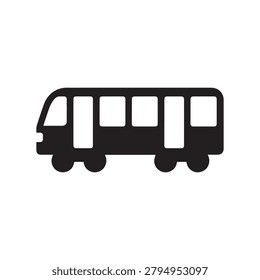 A simple, bold black silhouette of a bus featuring four wheels and five rectangular windows. The design is flat with no shading, gradients, or additional details, giving it a clean and modern aestheti.