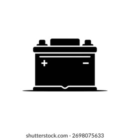 Auf weißem Hintergrund ist eine schlichte, kräftige schwarze Silhouette einer Autobatterie mit positiven und negativen Anschlüssen dargestellt.
