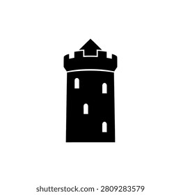 A simple, bold black silhouette of a classic castle tower with battlements and small windows.