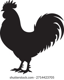 Una silueta negra simple y audaz representa claramente a un gallo en una pose de pie.