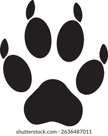 A simple, bold black silhouette of a dog paw print, isolated on a white background. Perfect for logos, pet-related designs, or any project needing a paw print graphic.