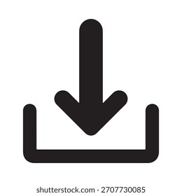 Eine schlichte, fette, schwarze Silhouette mit einem nach unten zeigenden Pfeil, die über einem offenen Tray oder Container positioniert ist und allgemein als Download-Symbol erkannt wird und perfekt für Web- und Anwendungsschnittstellen geeignet ist.